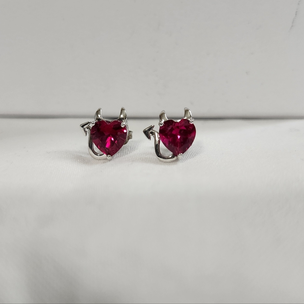 Heart-Shaped Devil Lab Mined Ruby Earrings - image 2